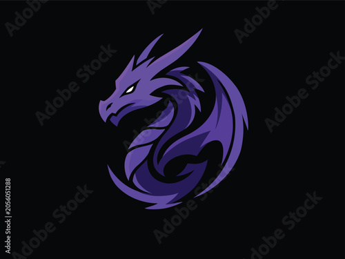 Dynamic Purple Dragon Logo Design, Fantasy Art, Black Background, Digital Illustration, Creative Environment, Artistic Viewpoint