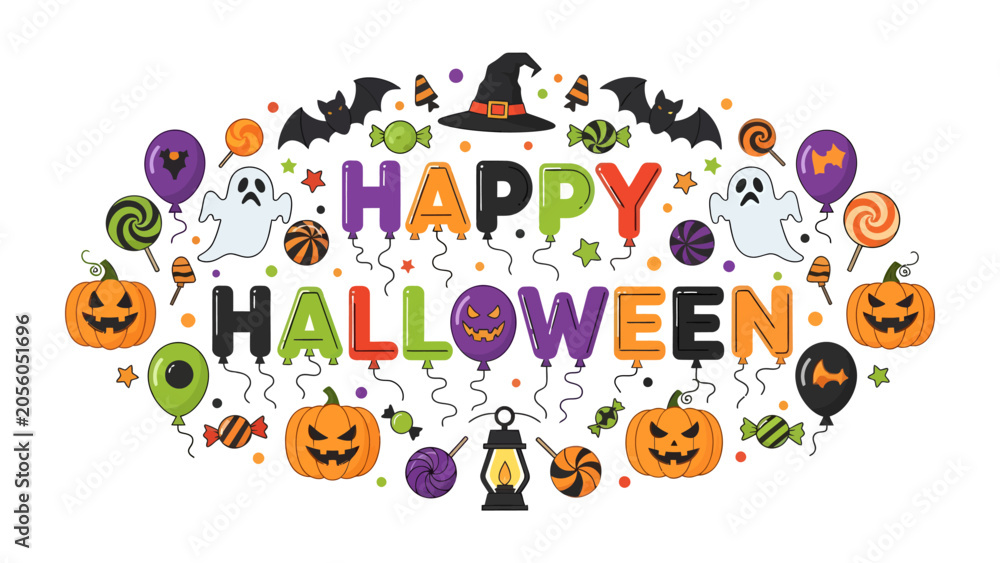 Fototapeta premium Happy Halloween Illustration: A festive arrangement of Halloween-themed elements, including pumpkins, ghosts, bats, candy, and balloons, spelling out Happy Halloween in a playful and colorful design.