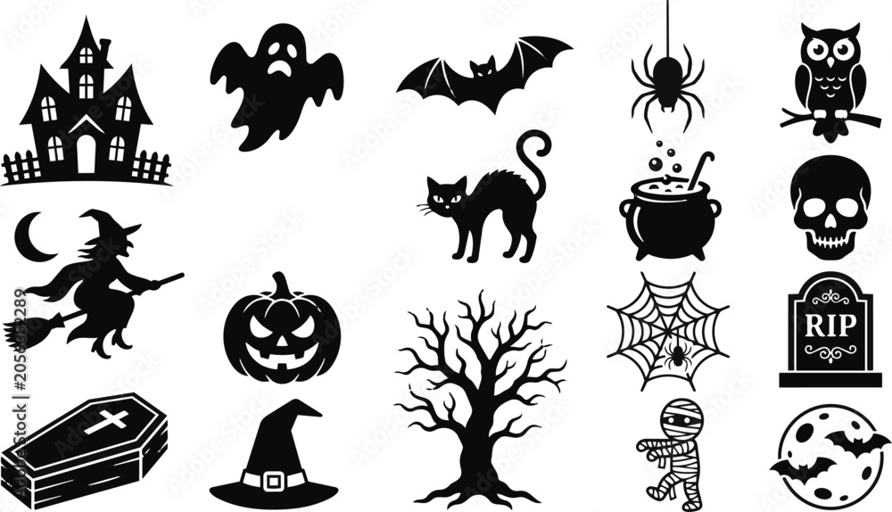 Fototapeta premium Halloween icons set with spooky symbols and festive elements in flat line art style