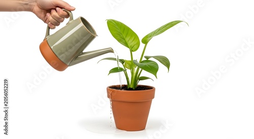 Watering young green houseplant in terracotta pot on white background minimal care concept