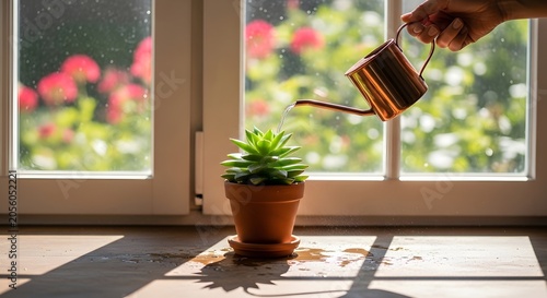Hand Watering Small Green Succulent Plant on Sunny Windowsill with Garden View