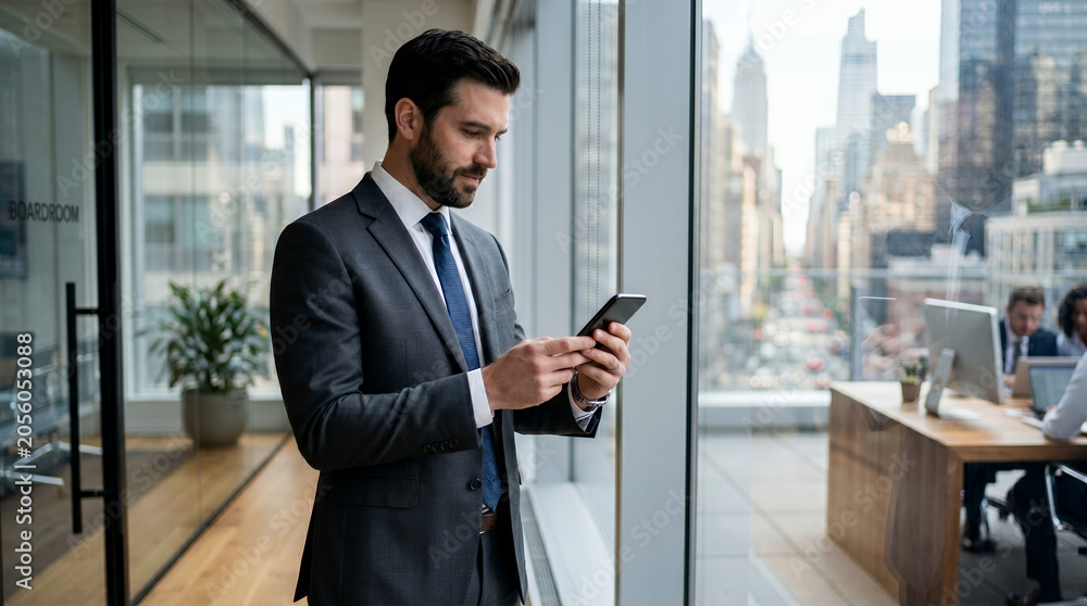 Fototapeta premium Male executive using a smartphone beside a city office window