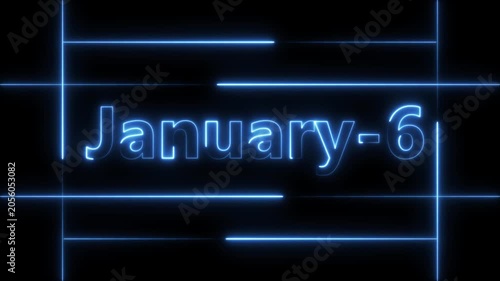Abstract Neon January 6 calendar date Animation 4k video. Neon bright 6 January date text blue color animation. Suitable for event promotion, important.