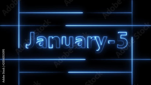 Abstract Neon January 5 calendar date Animation 4k video. Neon bright 5 January date text blue color animation. Suitable for event promotion, important.