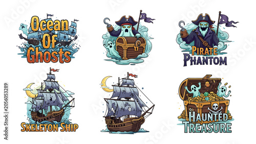 Obraz na plátne Pirate Ghost Graphics: A collection of six stylized illustrations featuring pira