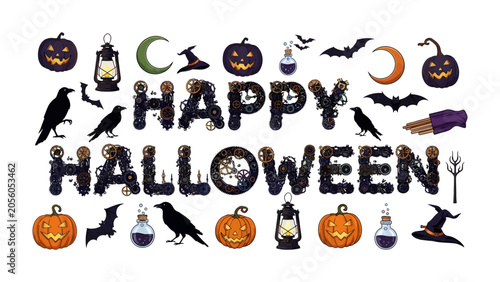 Tableau sur toile Spooky Halloween Delights: A whimsical collection of Halloween icons, including jack-o'-lanterns, bats, crows, potions, crescent moons, and witch hats