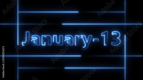 Abstract Neon January 13 calendar date Animation 4k video. Neon bright 13 January date text blue color animation. Suitable for event promotion, important.