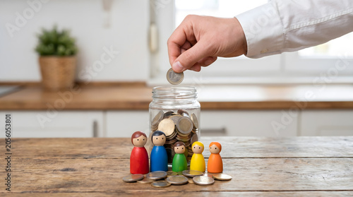 Hand putting coin into glass jar with colorful wooden family figures for household savings concept, Family financial planning and home budget concept with money jar in bright kitchen.