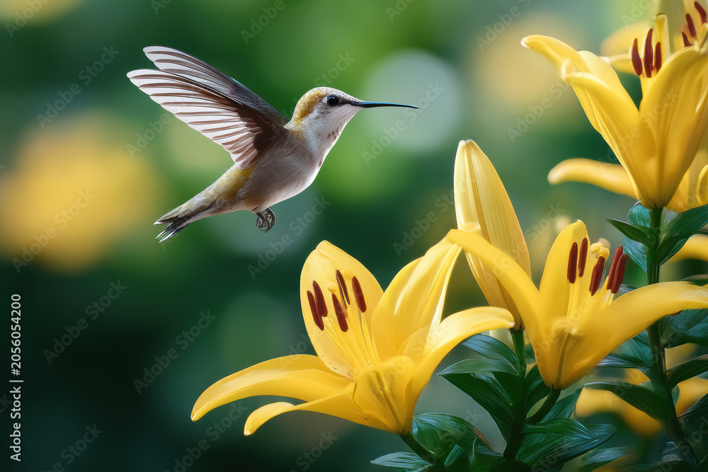 Fototapeta premium Side view of hummingbird feeding on vibrant yellow lily flower, green blurred background, nature, wildlife, delicate, peaceful scene