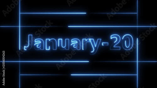 Abstract Neon January 20 calendar date Animation 4k video. Neon bright 20 January date text blue color animation. Suitable for event promotion, important.