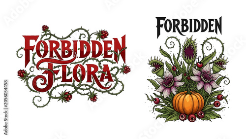 Fotografie Forbidden Flora: A captivating illustration features the words Forbidden Flora entwined with thorny vines and roses