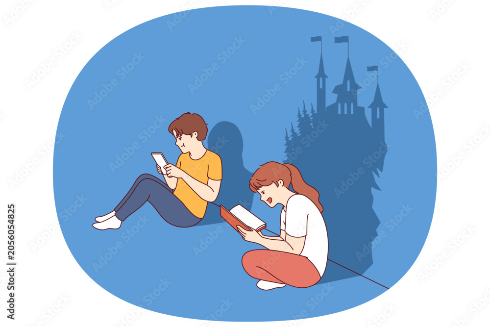 Naklejka premium Girl develops imagination by reading book, sitting near boy suffering from digital addiction. Brother enthusiastically plays video games while sister develops imagination, imagining magic castle