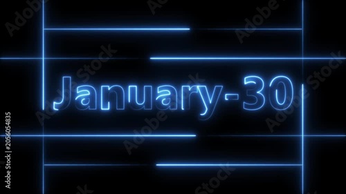 Abstract Neon January 30 calendar date Animation 4k video. Neon bright 30 January date text blue color animation. Suitable for event promotion, important.