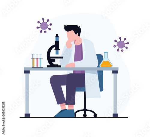 Man sitting at desk and looking at microscope Vector illustration in flat style
