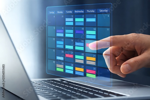 Business scheduling and task management on calendar app. Businessman organizing to-do lists on laptop computer.