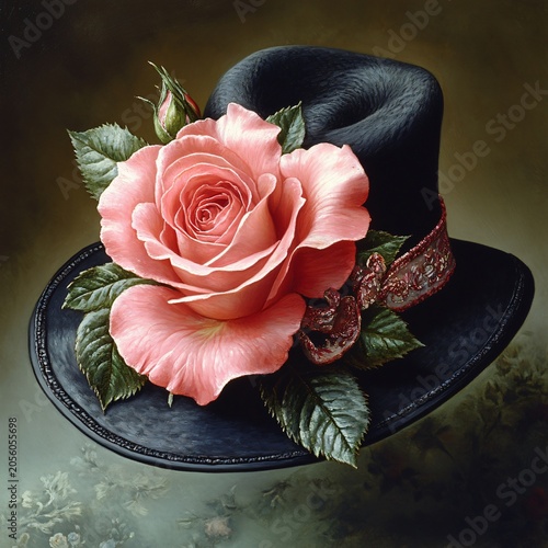 A large pink rose adorned a tall black leather hat.