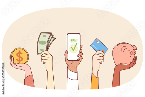 Different payment options show people hands, with cash or bank card and application in smartphones. Selecting payment method from cryptocurrency coin and piggy bank, and smartphone with NFC function