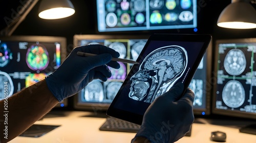 Doctor analyzing brain MRI scan results on a tablet in a radiology clinic.