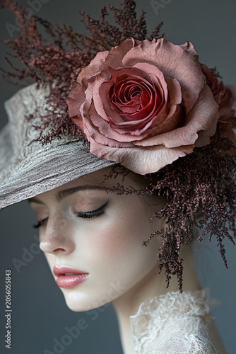 A woman wearing a hat decorated with large roses.