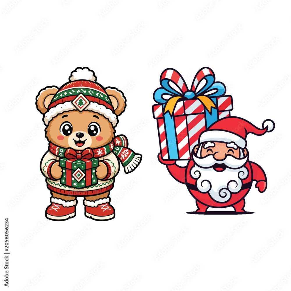 Fototapeta premium Bear and santa claus with gift cute cartoon