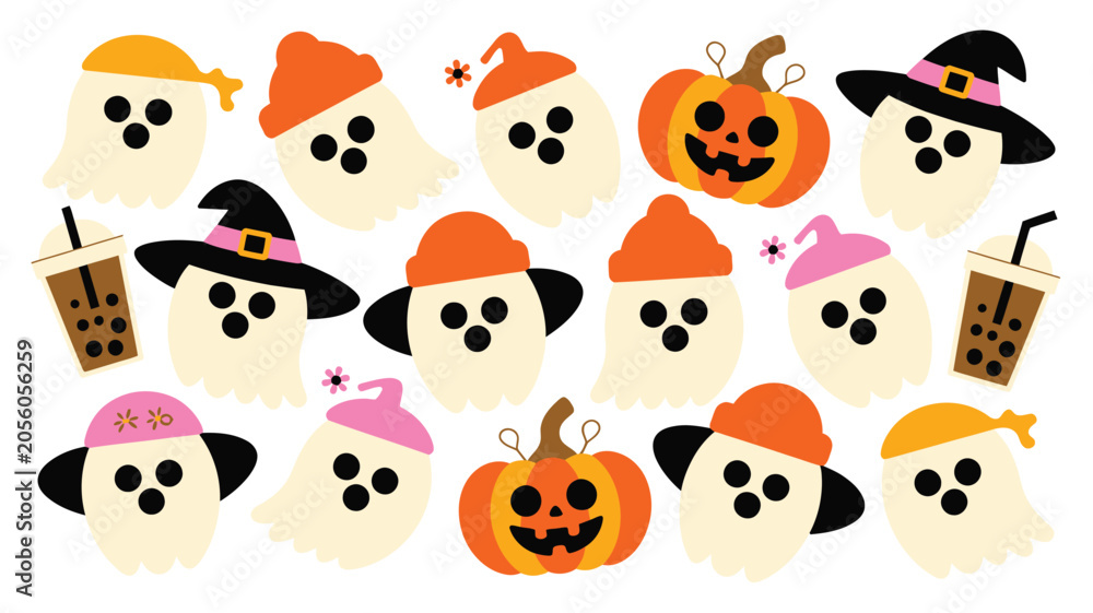 Obraz premium Assortment of cute little ghosts with pumpkins and bubble tea drinks for Halloween