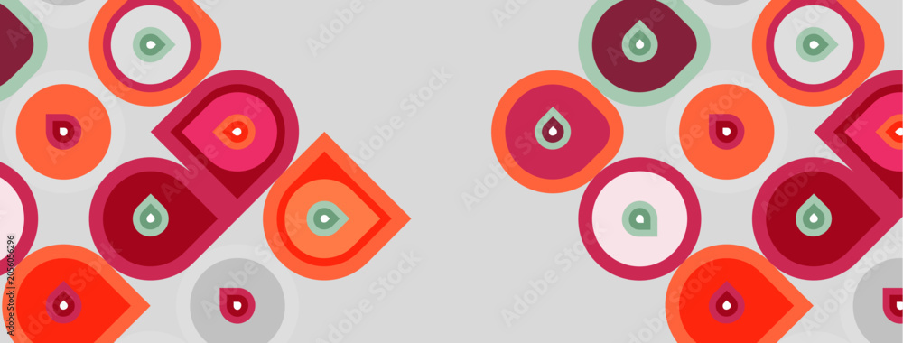 Naklejka premium Abstract pattern features overlapping circles, squares, teardrop shapes. Colors include red, orange, pink, gray. Design appears seamless, repeating.
