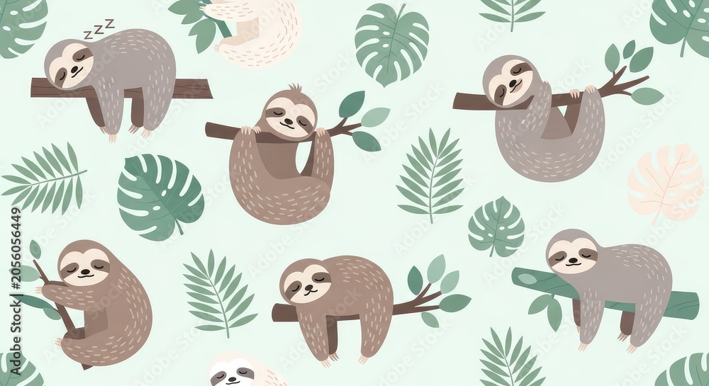 Fototapeta premium Sloth Illustrations With Leaves on Light Background