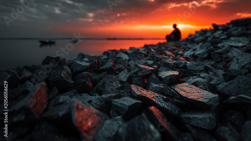 A detailed close-up of a rocky shoreline catching the reflections of a fiery red sunset, with a blurry silhouette of a person sitting on the rocks in the background by the water