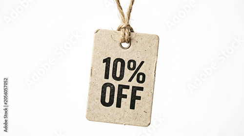 Isolated cardboard tag with 10% off text for discount and promotion