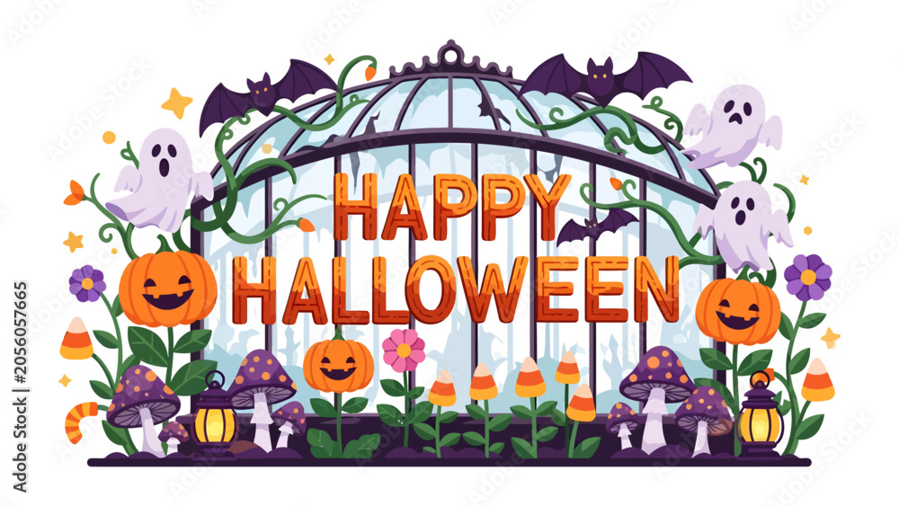 Fototapeta premium Halloween Garden Gateway: A whimsical Halloween scene unfolds with glowing jack-o'-lanterns, playful ghosts, fluttering bats, and candy corn.