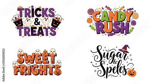 Cuadro en lienzo Halloween Text Designs: A collection of four distinct Halloween-themed text designs featuring spooky and sweet phrases like Tricks & Treats, Candy Rush, Sweet Frights, and Sugar & Spells