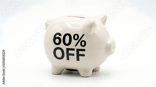 Isolated piggy bank with 60% OFF text, representing savings and discounts