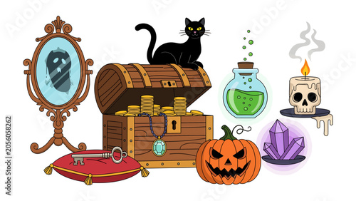 Cuadro en lienzo Spooky Halloween Treasures: A collection of eerie Halloween icons, including a black cat, glowing potions, a jack-o'-lantern, crystals, a skull candle, a treasure chest filled with gold