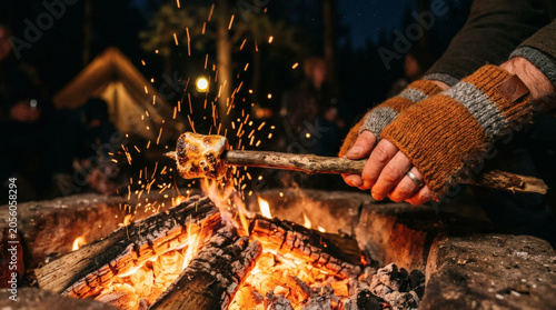 Hands roasting marshmallow over campfire