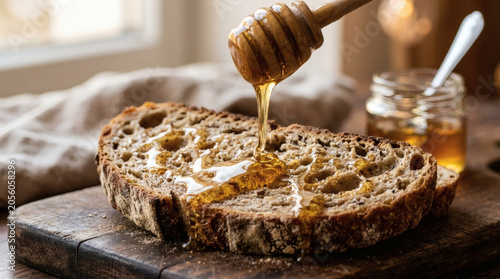 Honey Drizzling Over Artisan Bread