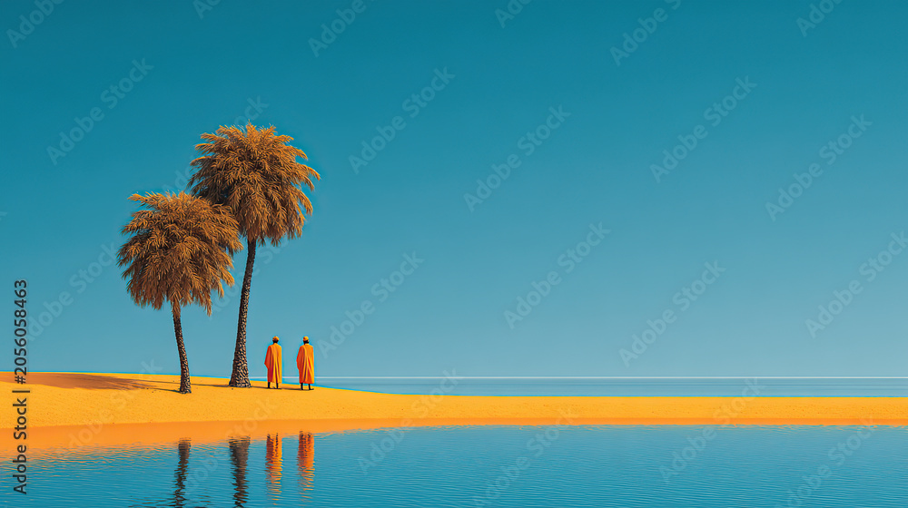 Obraz premium A minimalist, high-contrast landscape featuring two people in bright orange robes standing near two palm trees on a golden sandbar, with clear blue water and sky