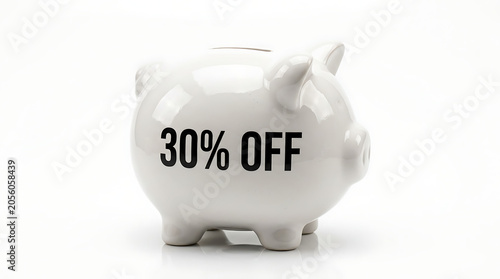 Piggy Bank Isolated on White Background Showing 30% Off Sale