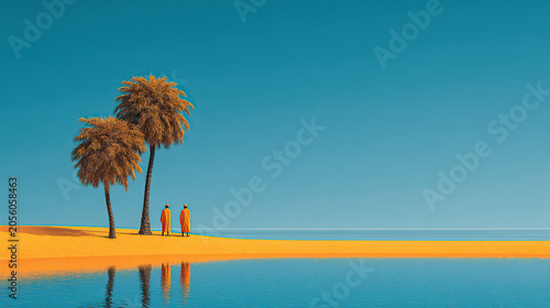 A minimalist, high-contrast landscape featuring two people in bright orange robes standing near two palm trees on a golden sandbar, with clear blue water and sky