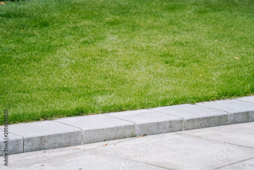 Roadside of an concrete road with a stone curb in the background lawn with green grass