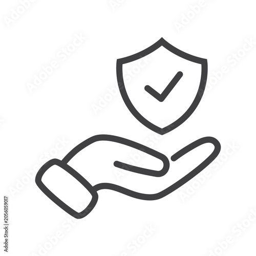Outline shield check mark on palm hand  icon isolated.