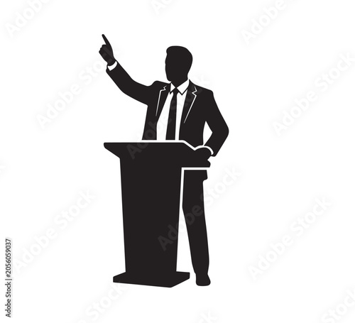 Silhouette of a Professional Speaker Presenting a Speech Behind a Podium with Hand Gesture for Corporate Business Leadership and Public Presentation