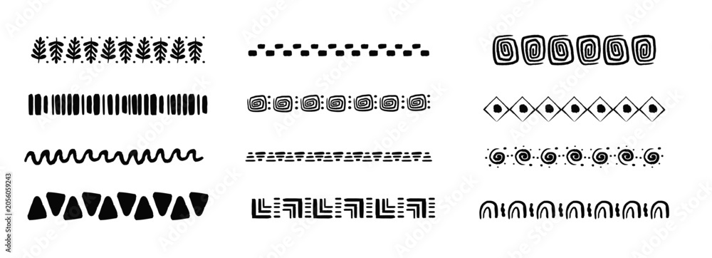 Obraz premium Tribal African folk border, decorative ethnic motif hand drawn doodle set. Tribal geometric design. Aztec art dividers, trendy boho separators.