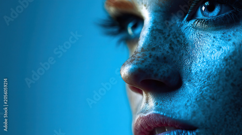 A dramatic macro close-up of a freckled face in profile, illuminated by vivid blue cinematic lighting that accentuates the skin texture, eyelashes, and a bright blue eye