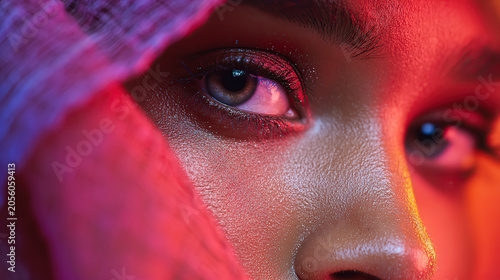 A dramatic extreme close-up of a person's eye and face, partly framed by textured fabric, illuminated by vibrant neon red, magenta, and blue light that emphasizes the skin's texture and subtle shimmer