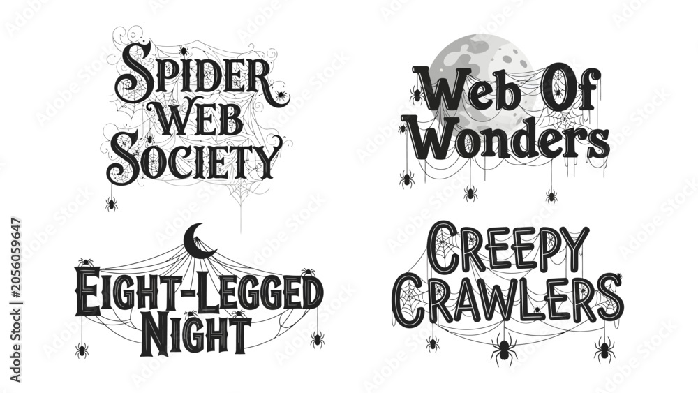 Fototapeta premium Halloween Typography Collection: A set of four distinct typographic designs featuring spooky Halloween themes like spiderwebs, moons, and creepy crawlies.