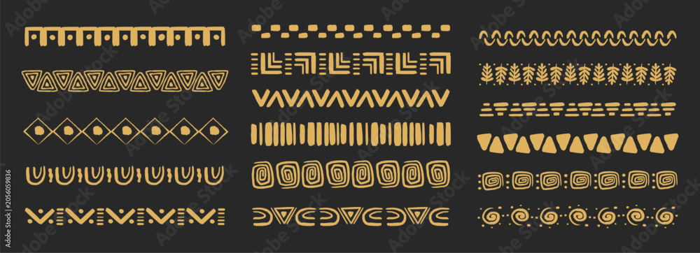 Obraz premium Tribal African folk border, golden ethnic motif hand drawn doodle set on dark background. Tribal geometric design. Aztec art dividers, trendy boho separators.