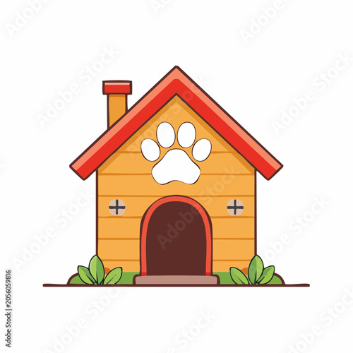 Cartoon Dog House with Paw Print Emblem