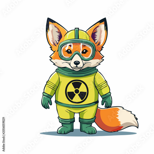 Cartoon Fox in Hazmat Suit with Radiation Symbol