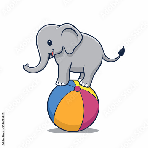 Cute cartoon elephant balancing on a colorful ball