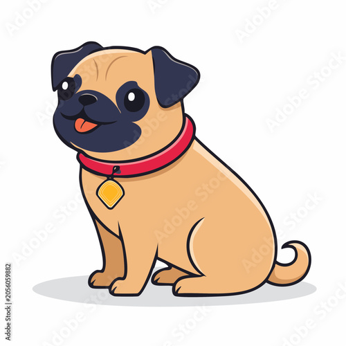 Cute cartoon pug dog sitting with a red collar and tag